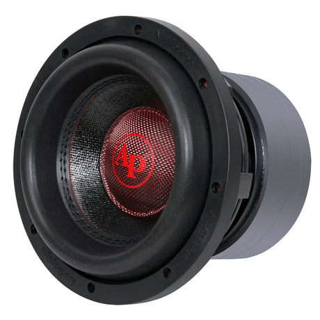 Angled Audiopipe subwoofer with a red patterned center cap and large stacked magnet assembly