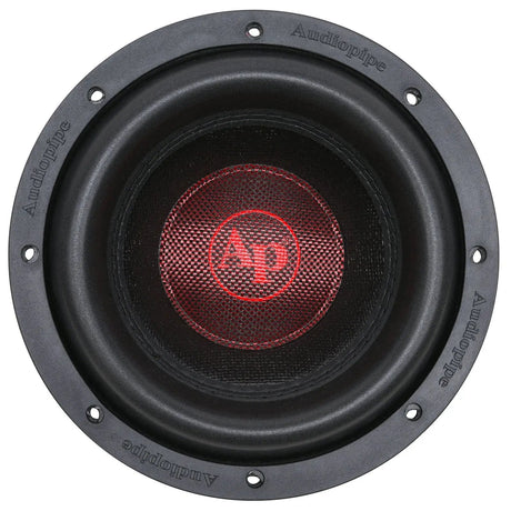 Audiopipe subwoofer with a broad surround and red center logo, front view