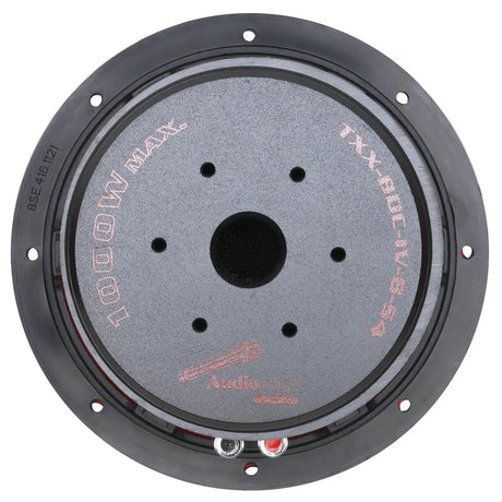 Rear of Audiopipe TXX-BDC-IV-8-S4 subwoofer showing its labeled magnet and red suspension