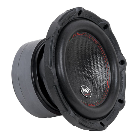 Angled view of an Audiopipe subwoofer with a patterned black cone, red stitching and AP 3 Stack badge