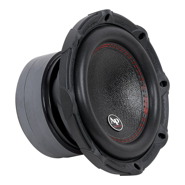 Angled view of an Audiopipe subwoofer with a patterned black cone, red stitching and AP 3 Stack badge