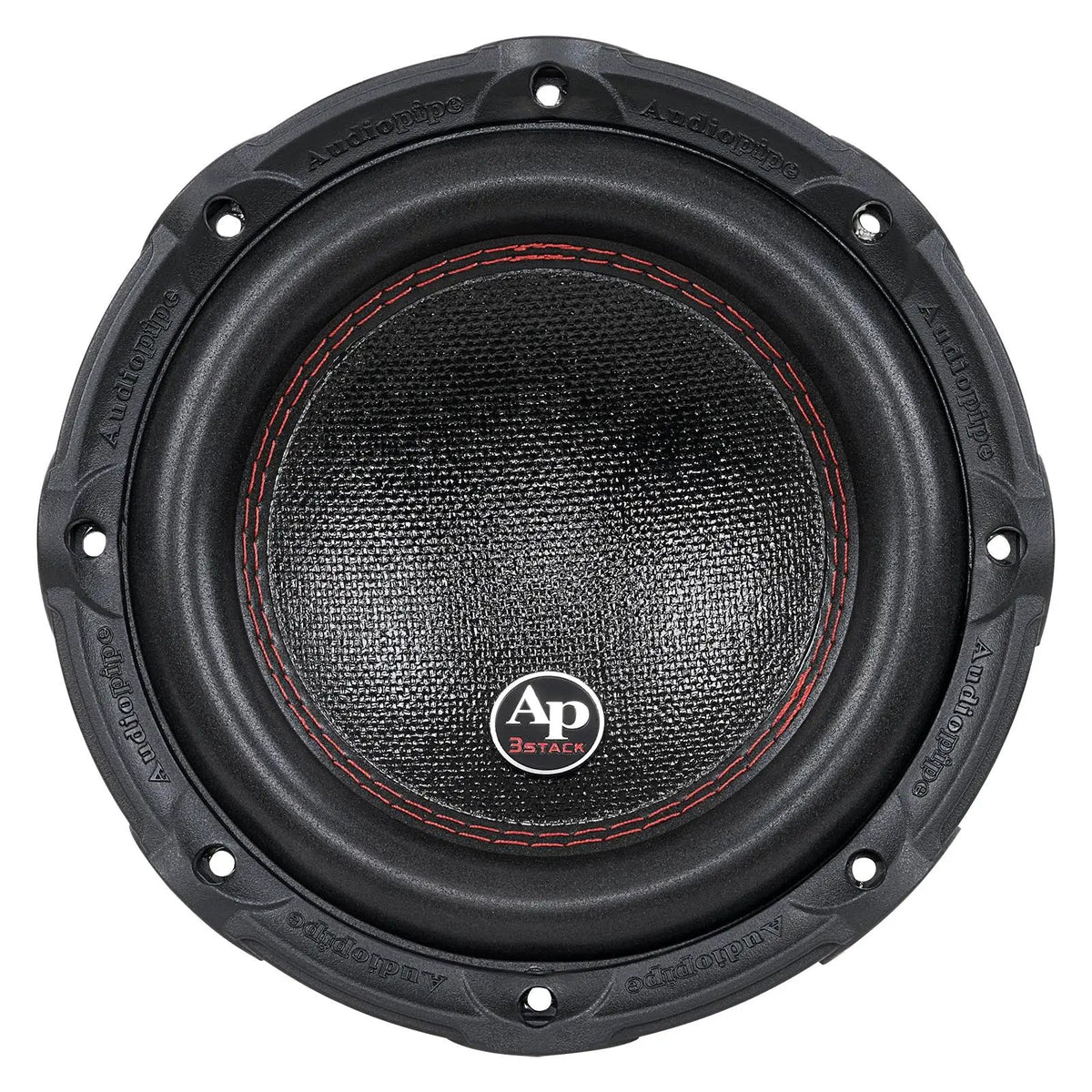 Front view of an Audiopipe subwoofer with a patterned black cone, red stitching and AP 3 Stack badge