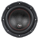 Front view of an Audiopipe subwoofer with a patterned black cone, red stitching and AP 3 Stack badge