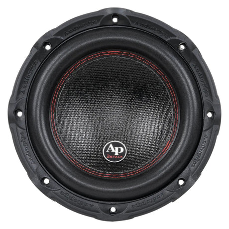 Front view of an Audiopipe subwoofer with a patterned black cone, red stitching and AP 3 Stack badge