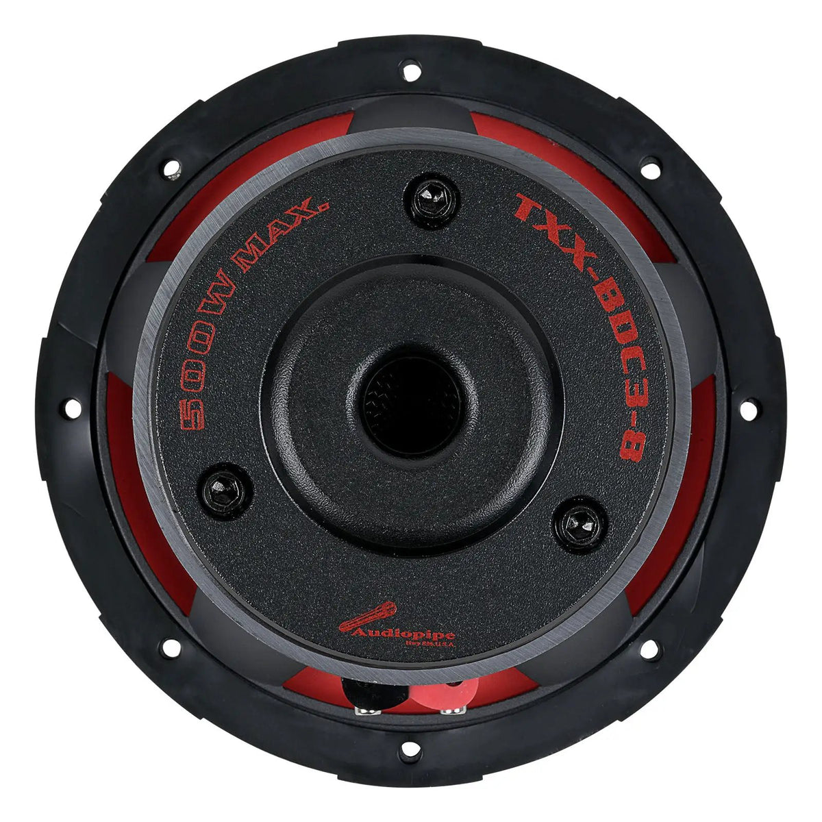 Rear view of an Audiopipe TXX-BDC3-8 subwoofer with a central vent and 500W MAX magnet label