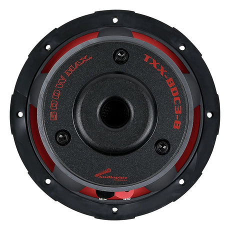 Rear view of an Audiopipe TXX-BDC3-8 subwoofer with a central vent and 500W MAX magnet label
