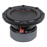 Low-angle Audiopipe subwoofer with red stitching, broad surround and red-and-black terminals