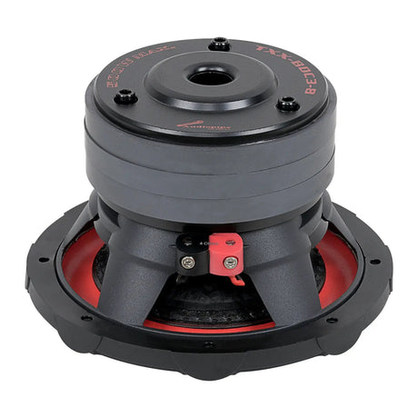 Audiopipe subwoofer rear angled view showing its triple-stack magnet, basket and red terminal