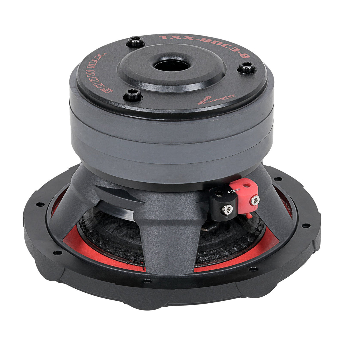 Rear angled view of an Audiopipe TXX-BDC3-8 subwoofer with a 500W MAX label and 4-ohm terminal marking