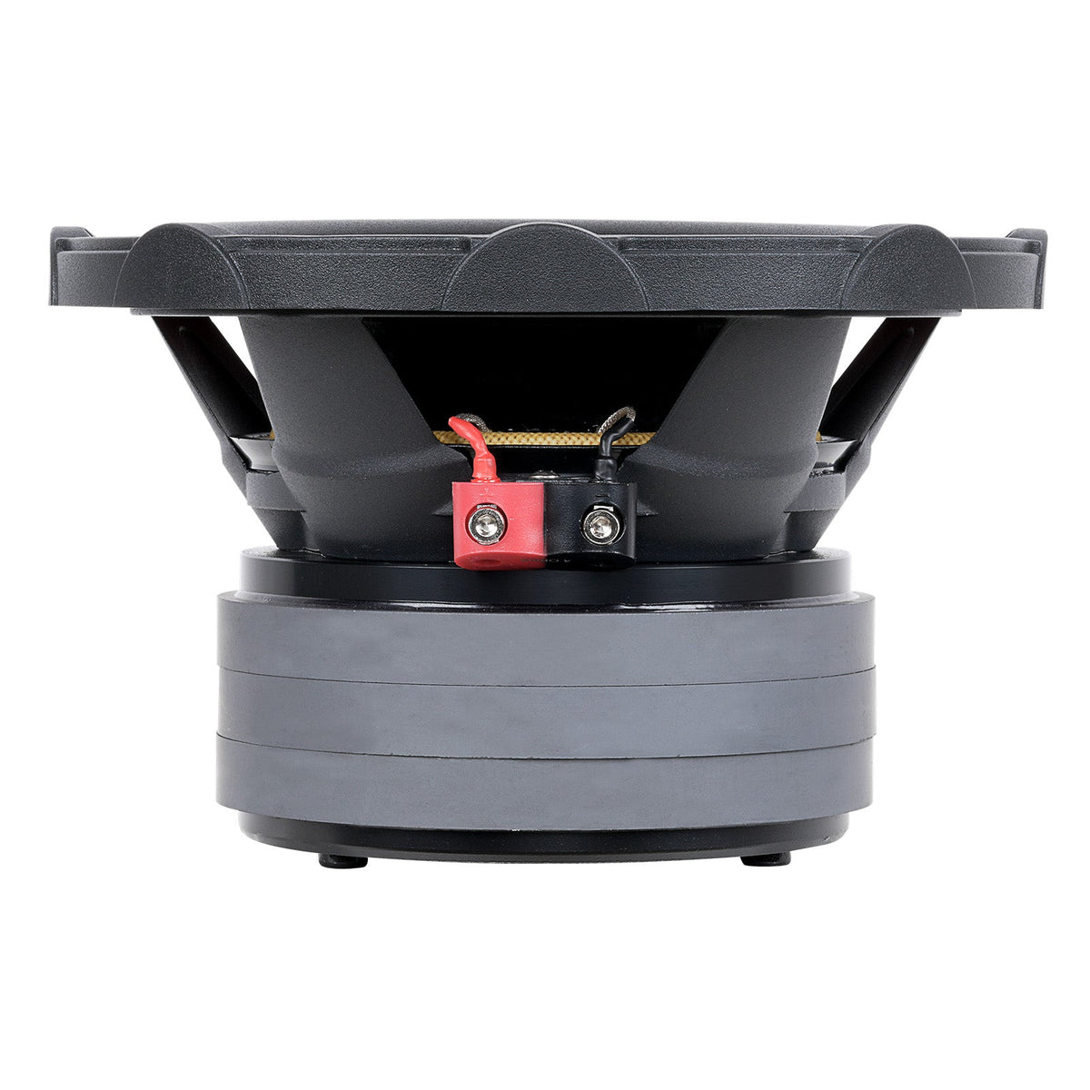 Side view of a black subwoofer showing its basket, stacked gray magnet and red and black terminal block