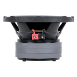 Side view of a black subwoofer showing its basket, stacked gray magnet and red and black terminal block