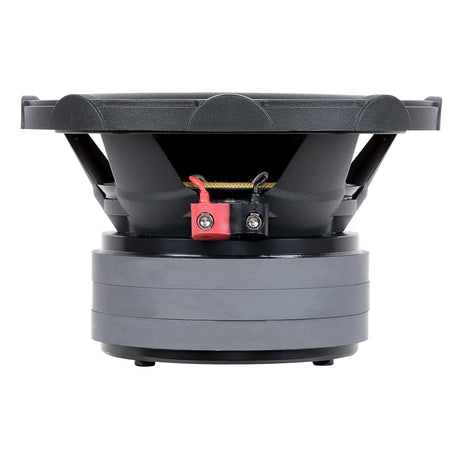 Side view of a black subwoofer showing its basket, stacked gray magnet and red and black terminal block