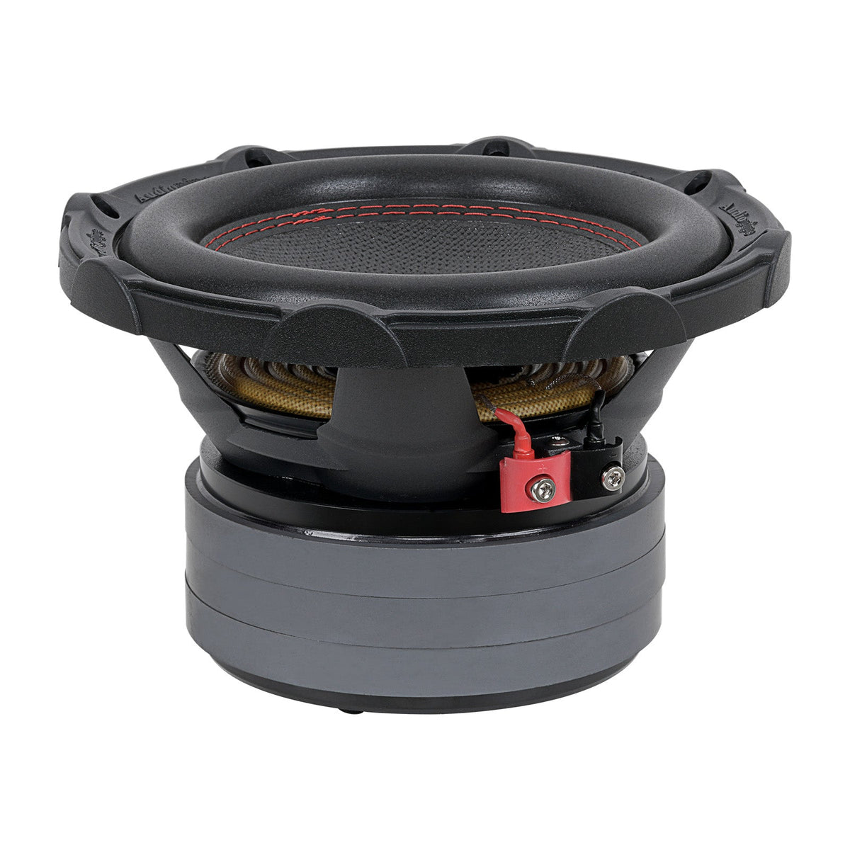 Audiopipe subwoofer side view showing its cone, basket, red terminal and triple-stack magnet