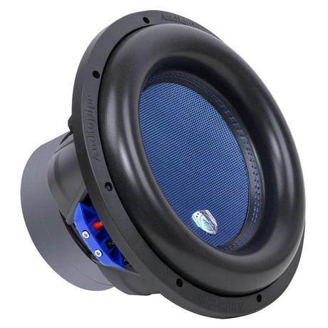 Audiopipe subwoofer with a blue cone and black surround, angled view