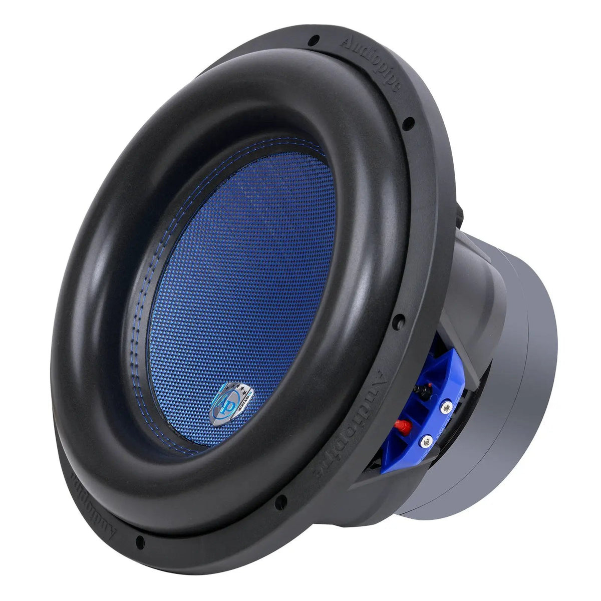 Audiopipe subwoofer with a blue cone and black surround, angled view