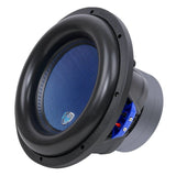 Audiopipe subwoofer with a blue cone and black surround, angled view