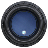 Audiopipe subwoofer with a blue cone and black surround, front view