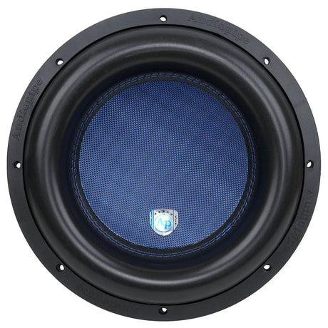 Audiopipe subwoofer with a blue cone and black surround, front view