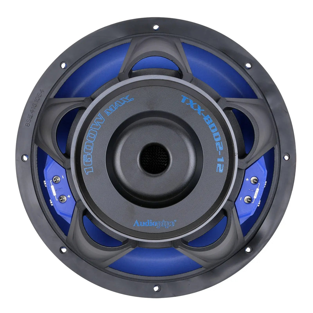 Rear view of an Audiopipe subwoofer marked TXX-BDD2-12 and 1600W MAX, with blue terminal blocks
