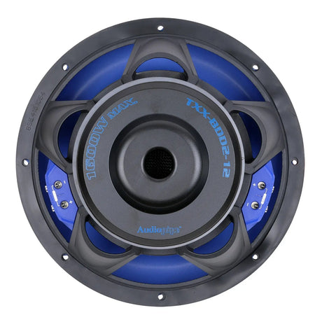 Rear view of an Audiopipe subwoofer marked TXX-BDD2-12 and 1600W MAX, with blue terminal blocks