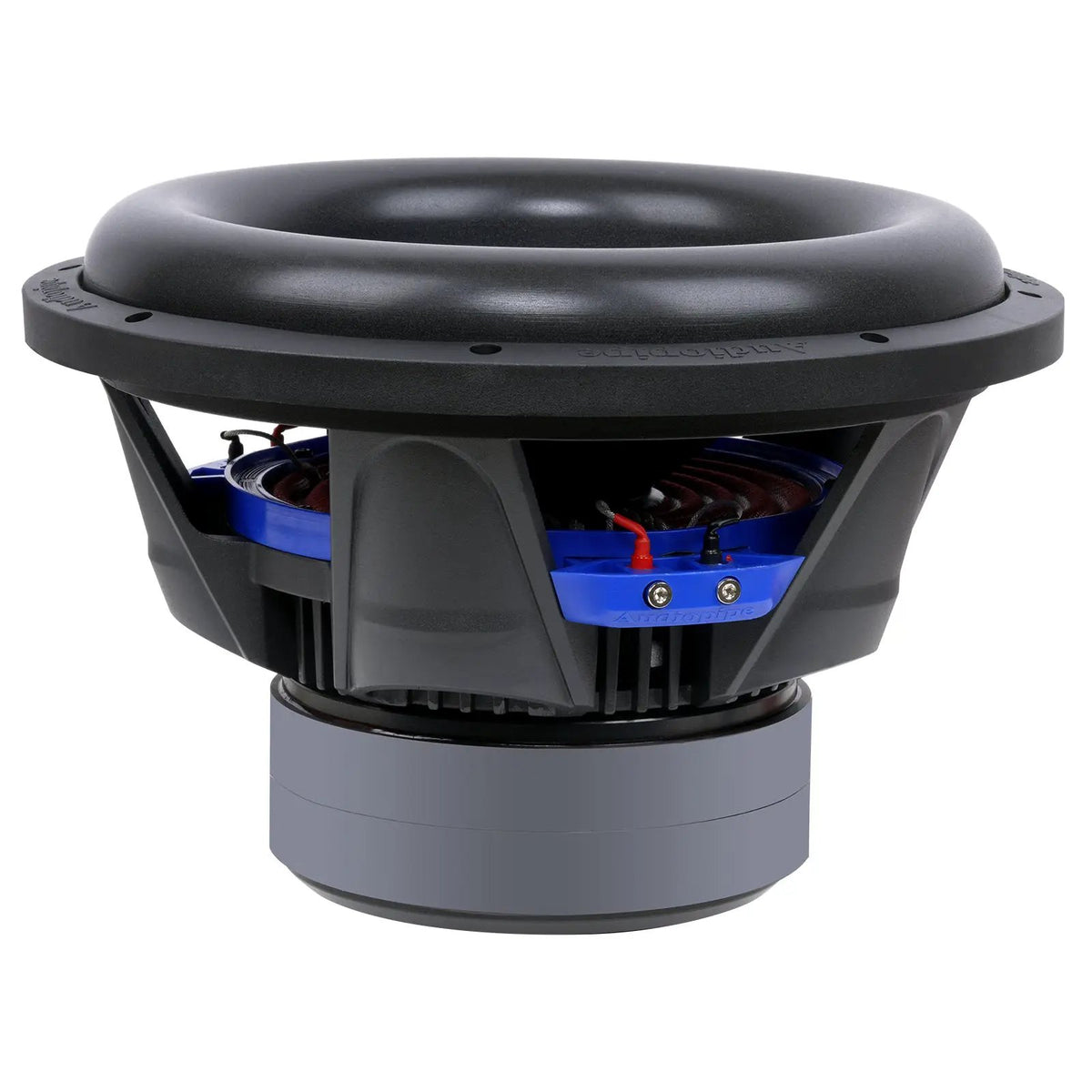 Subwoofer side view showing a blue-accented basket and stacked motor
