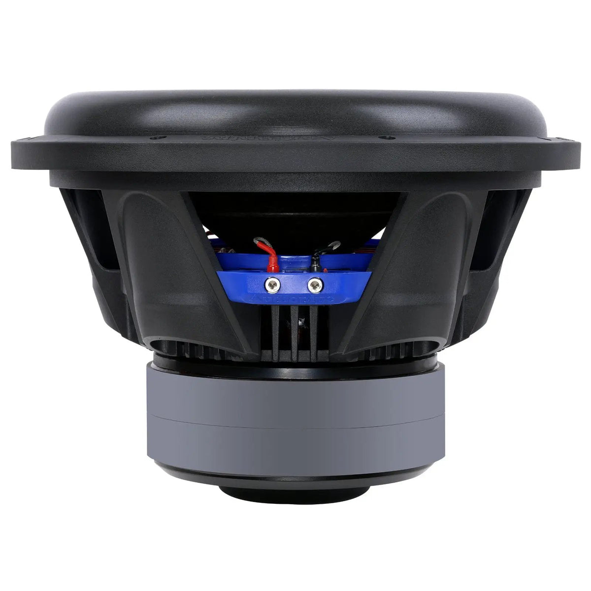 Side view of an Audiopipe subwoofer showing its black basket, blue plate and stacked magnets