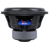 Side view of an Audiopipe subwoofer showing its black basket, blue plate and stacked magnets