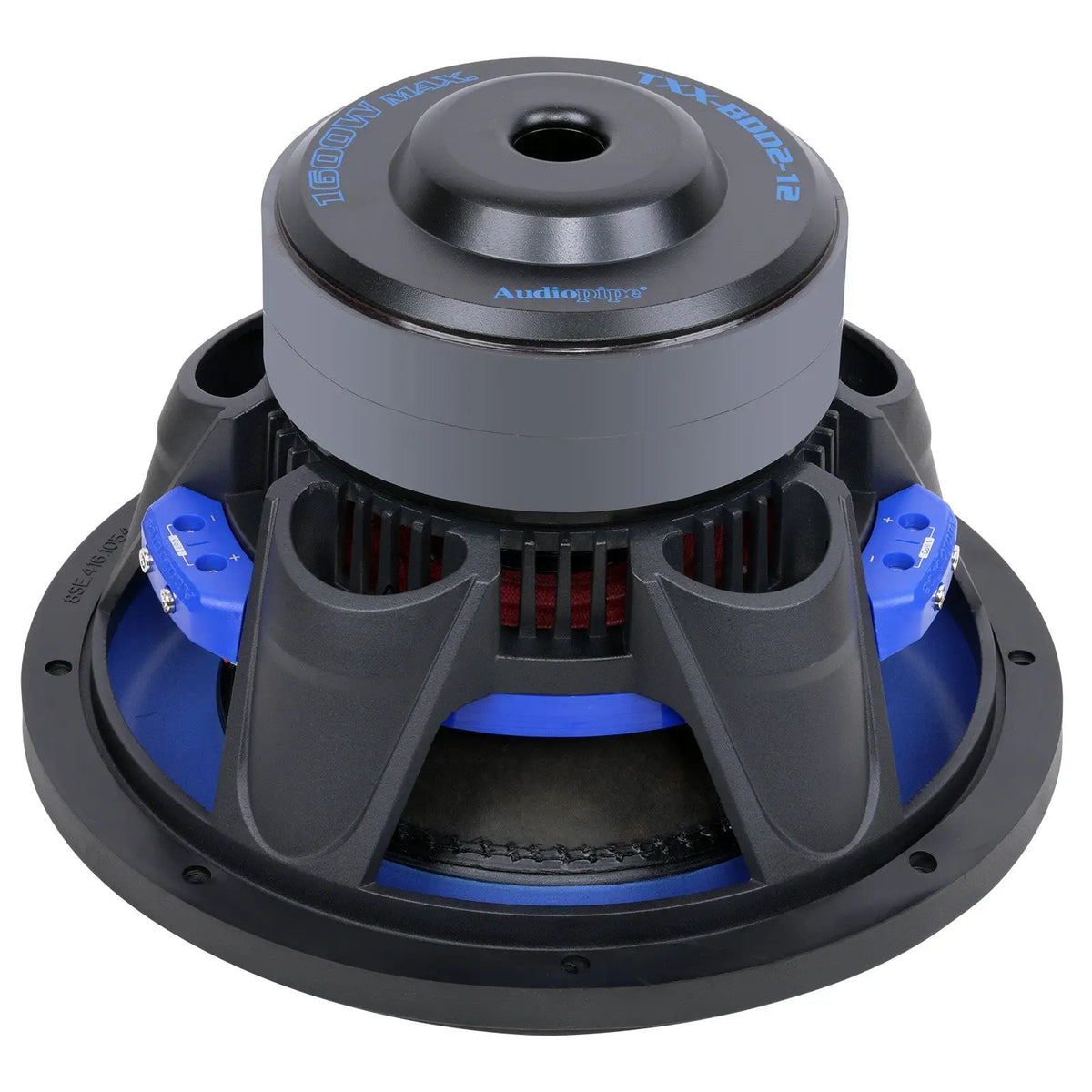 Audiopipe TXX-BDD2-12 subwoofer, rear view with blue basket accents