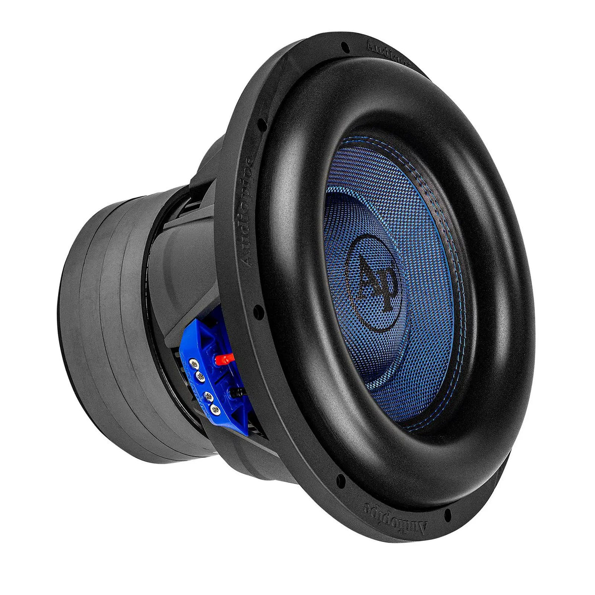 Angled front view of an Audiopipe subwoofer with a blue patterned cone and thick black surround