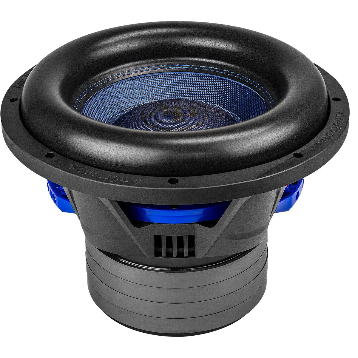 Audiopipe subwoofer with a blue cone, black basket and stacked gray magnet, viewed at an angle