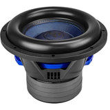 Audiopipe subwoofer with a blue cone, black basket and stacked gray magnet, viewed at an angle