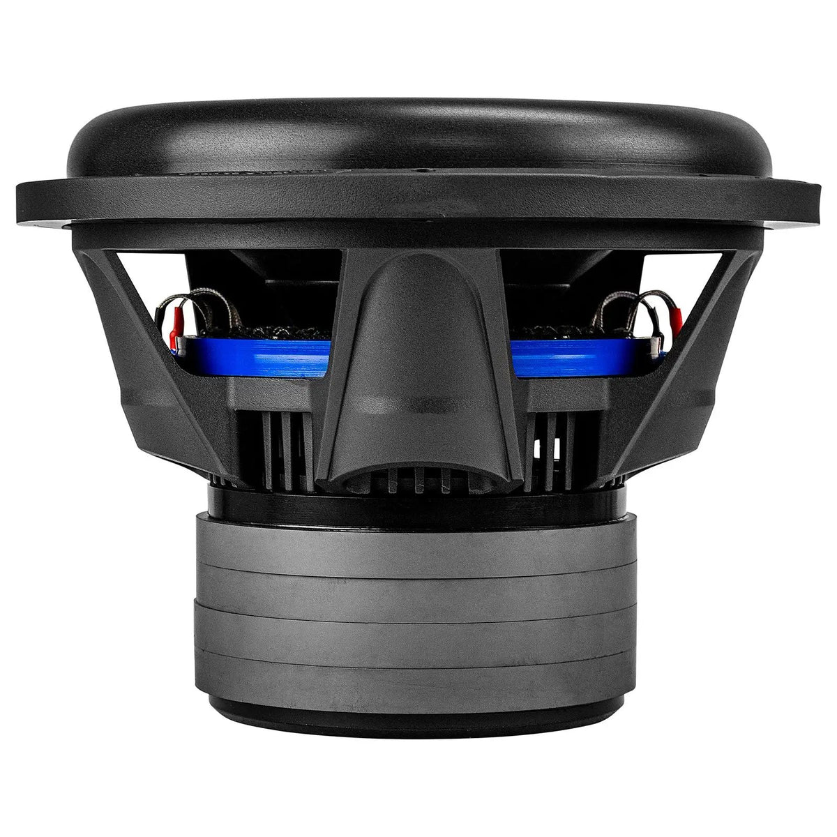 Side view of an Audiopipe subwoofer showing its black basket, blue suspension and stacked gray magnet