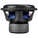 Side view of an Audiopipe subwoofer showing its black basket, blue suspension and stacked gray magnet