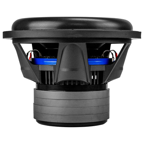 Side view of an Audiopipe subwoofer showing its black basket, blue suspension and stacked gray magnet