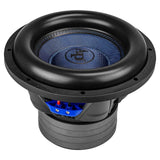 Audiopipe subwoofer with a blue woven cone and stacked motor, angled view