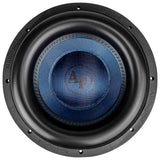Front view of an Audiopipe subwoofer with a blue patterned cone, AP logo and thick black surround
