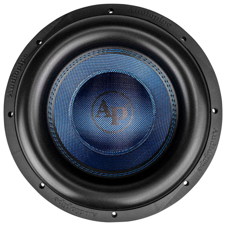 Front view of an Audiopipe subwoofer with a blue patterned cone, AP logo and thick black surround