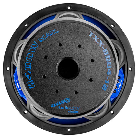 Rear view of an Audiopipe subwoofer with TXX-BDD4-12 and 2400W MAX markings around its central vent