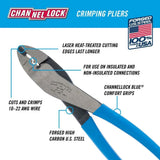 Channellock crimping-plier feature graphic highlighting 10–22 AWG cutting and crimping, hardened edges and blue grips