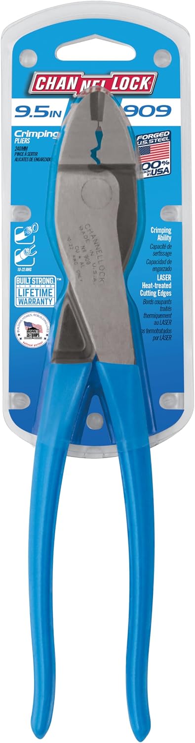 Channellock 909 wire crimper and cutter in blue retail packaging