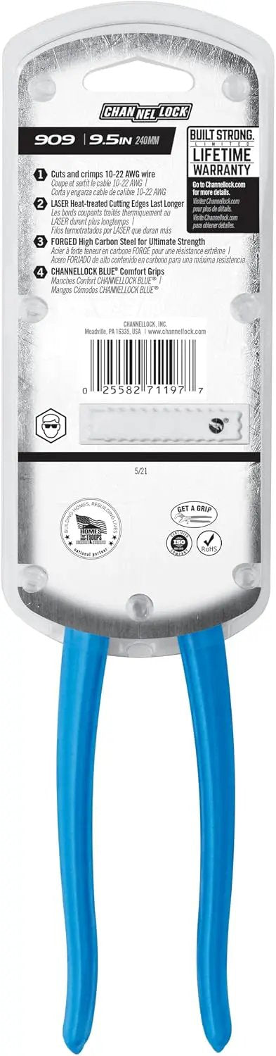 Back of Channellock 909 crimping-plier packaging with blue handles extending below