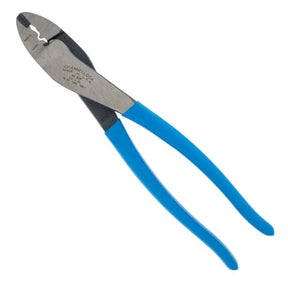 Channellock 909 wire crimper and cutter with blue handles and closed jaws