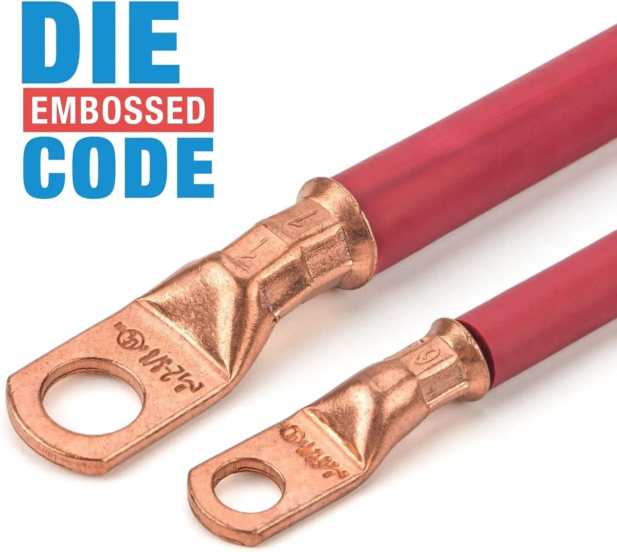Crimped copper cable lugs showing die-size codes embossed into the connections