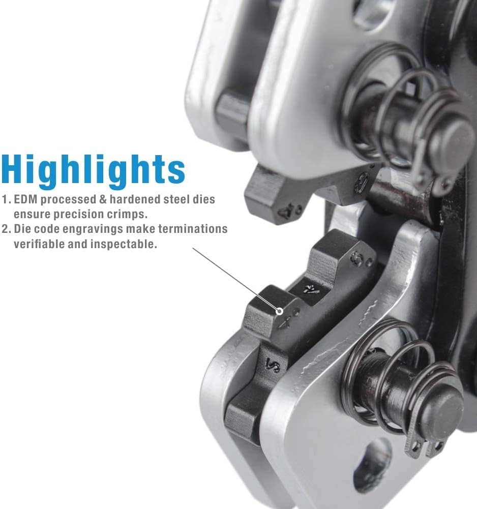 Close-up of the battery-cable crimper's hardened rotating dies and engraved size markings
