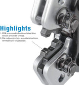 Close-up of the battery-cable crimper's hardened rotating dies and engraved size markings