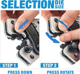 Crimper die-selection guide: press the spring-loaded button down, then rotate the die to the required size