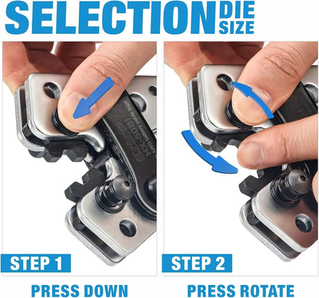 Crimper die-selection guide: press the spring-loaded button down, then rotate the die to the required size