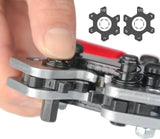 Close-up of the crimper's spring-loaded die button, with positions labeled 8, 6, 4, 2, 1 and 1/0 AWG