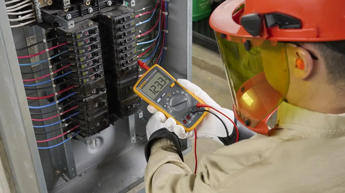 Technician wearing a face shield uses a yellow digital multimeter at an open circuit-breaker panel