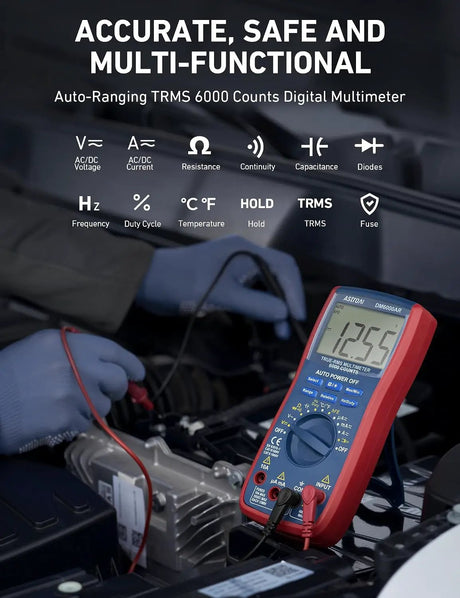 DM6000AR multimeter feature graphic listing voltage, current, resistance, continuity, capacitance, diode and temperature measurements